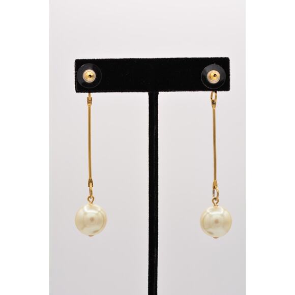 Vintage Dangle Earrings Long Round Faux Pearl Drop White Chunky 1990s BinZ - Picture 10 of 12